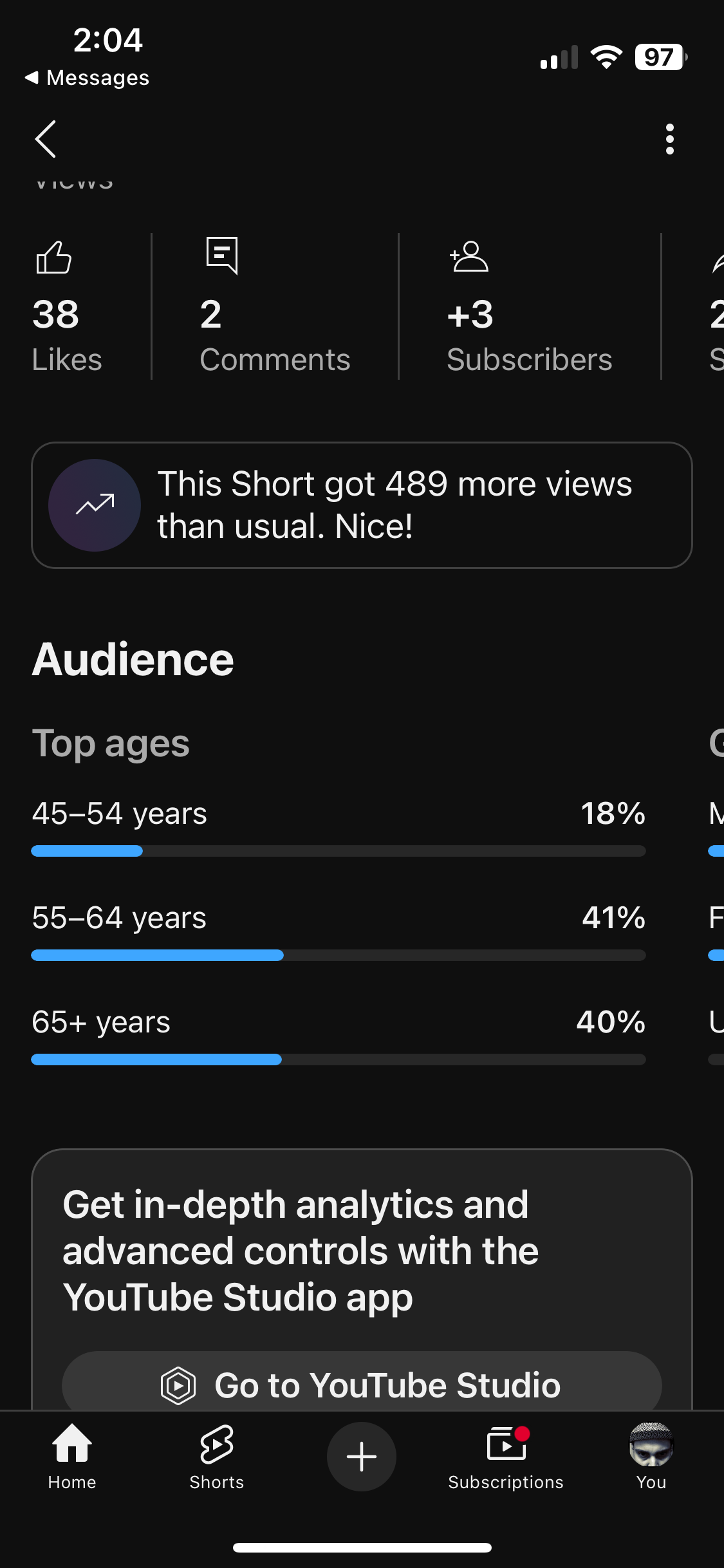 A YouTube analytics screenshot shows audience age demographics, with the largest groups being 55-64 and 65+ years.