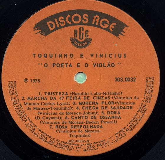 A vintage record label features album details for O Poeta e o Violão by Toquinho e Vinicius, listing songs and contributors.