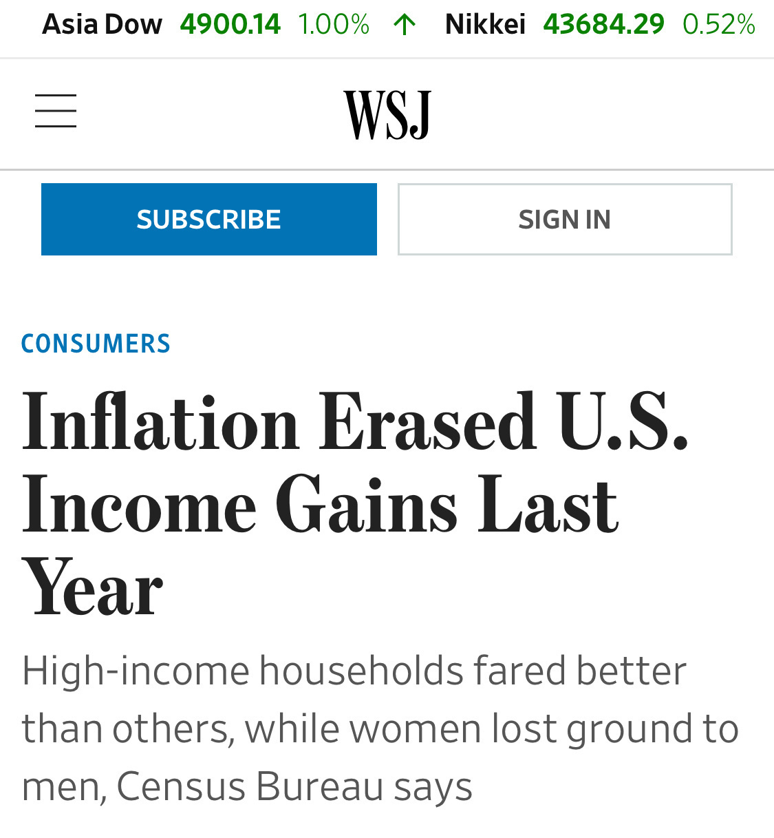 A Wall Street Journal article headline reports that inflation erased U.S. income gains last year, with high-income households faring better and women losing ground to men, according to the Census Bureau.