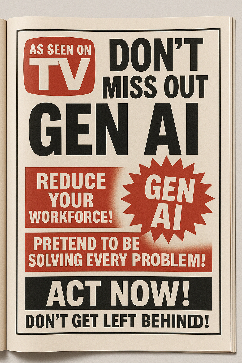 A bold, retro style advertisement promotes Gen AI with emphatic phrases like "Don't Miss Out" and "Act Now!"