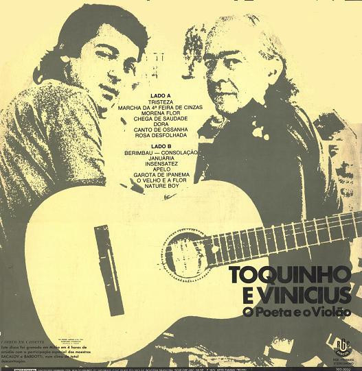 Two men are holding a guitar, and a list of songs appears beside them, with the text Toquinho e Vinicius O Poeta e O Violão at the bottom.