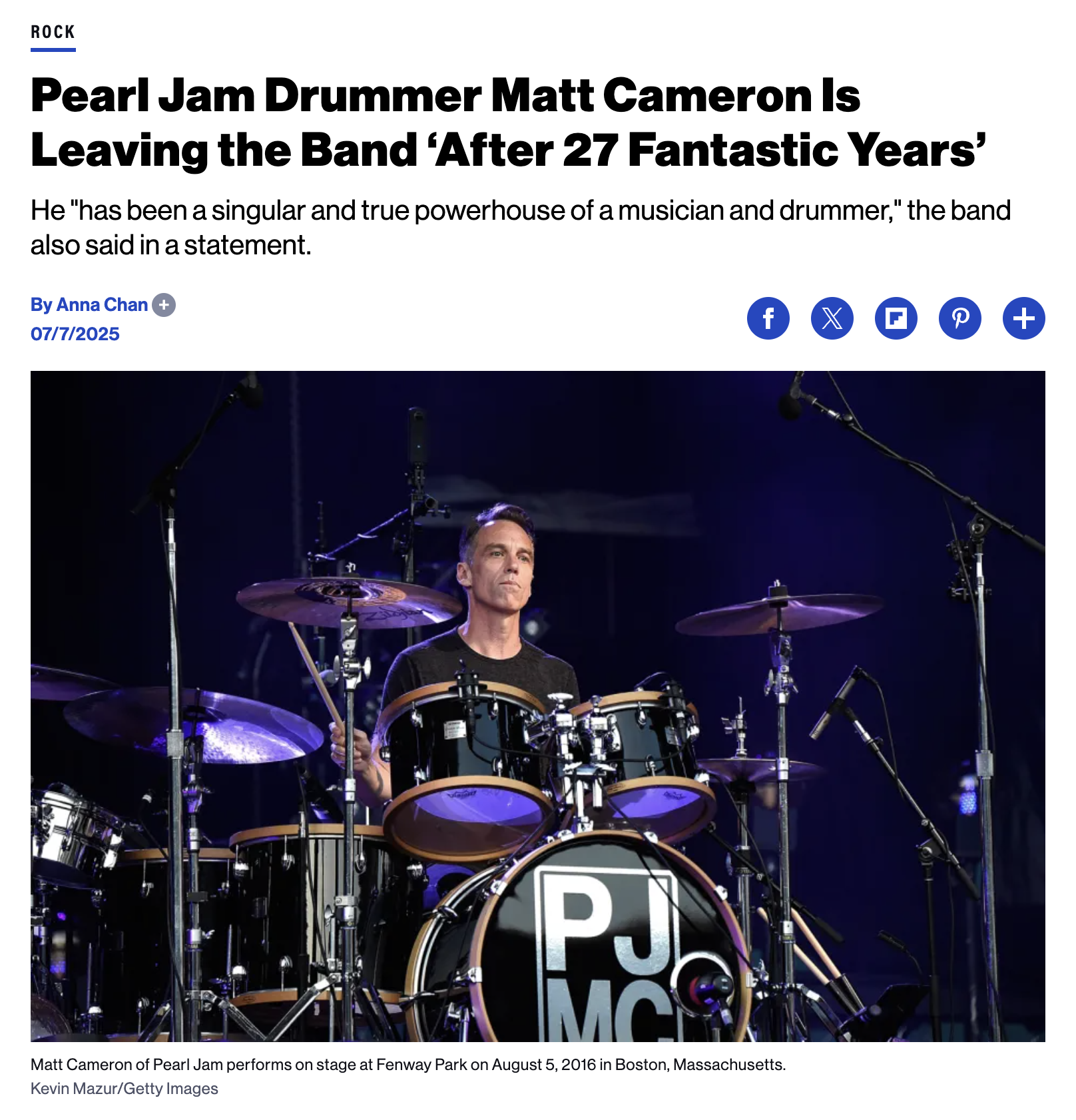 Screenshot of Rolling Stone headline: Drummer Matt Cameron is performing on stage with the headline announcing his departure from Pearl Jam after 27 years.