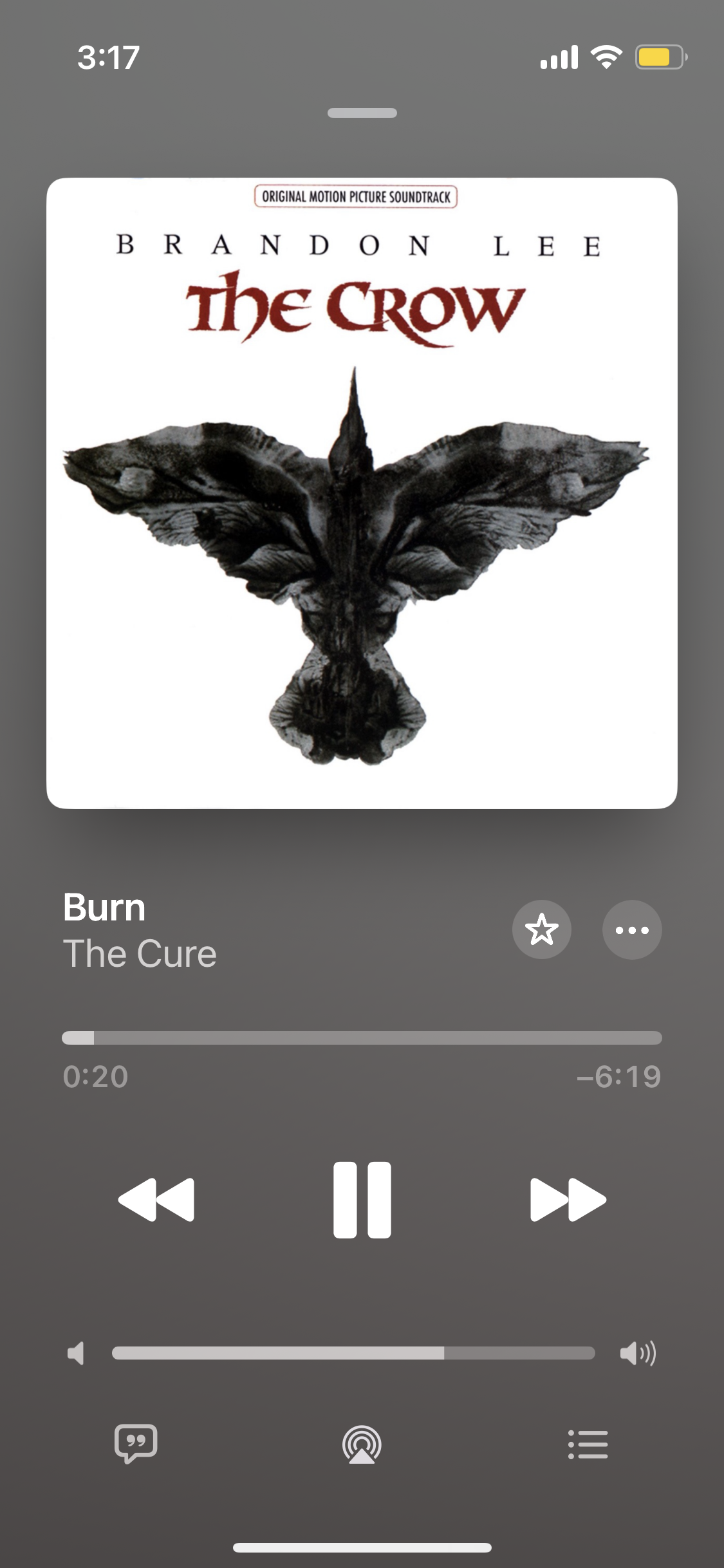 A music player app is displaying "Burn" by The Cure from "The Crow" soundtrack, featuring dark artwork of a crow.