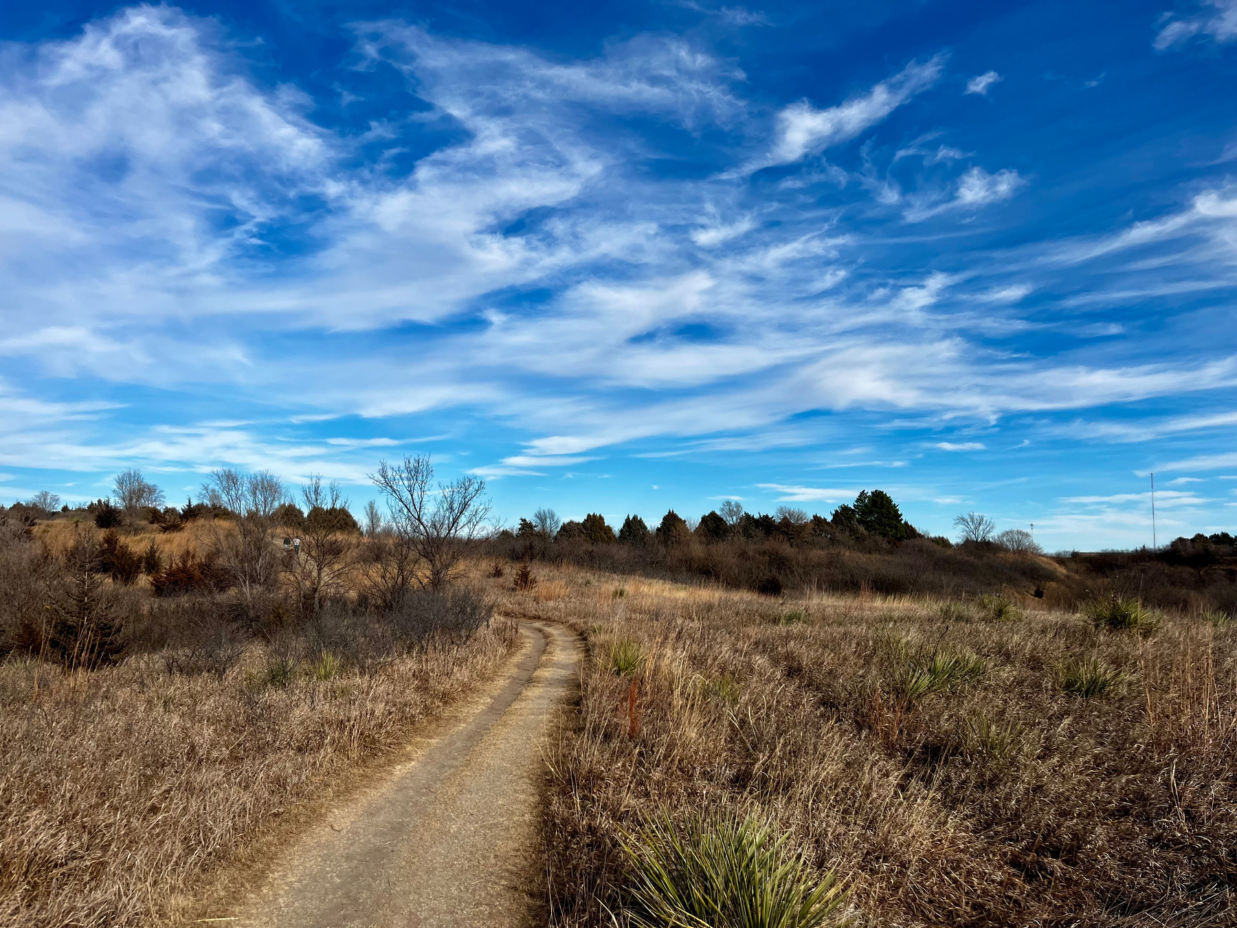 A dirt path winds through a dry, grassy landscape under a partly cloudy blue sky.