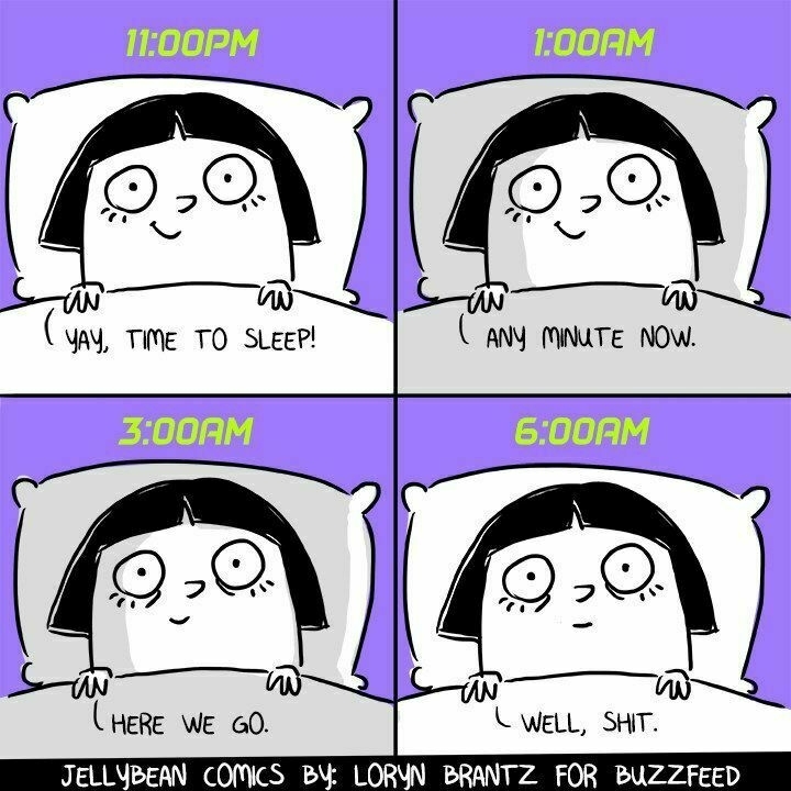 A comic strip depicts a person lying in bed, progressively unable to sleep from 11:00 PM to 6:00 AM, conveying frustration and insomnia.