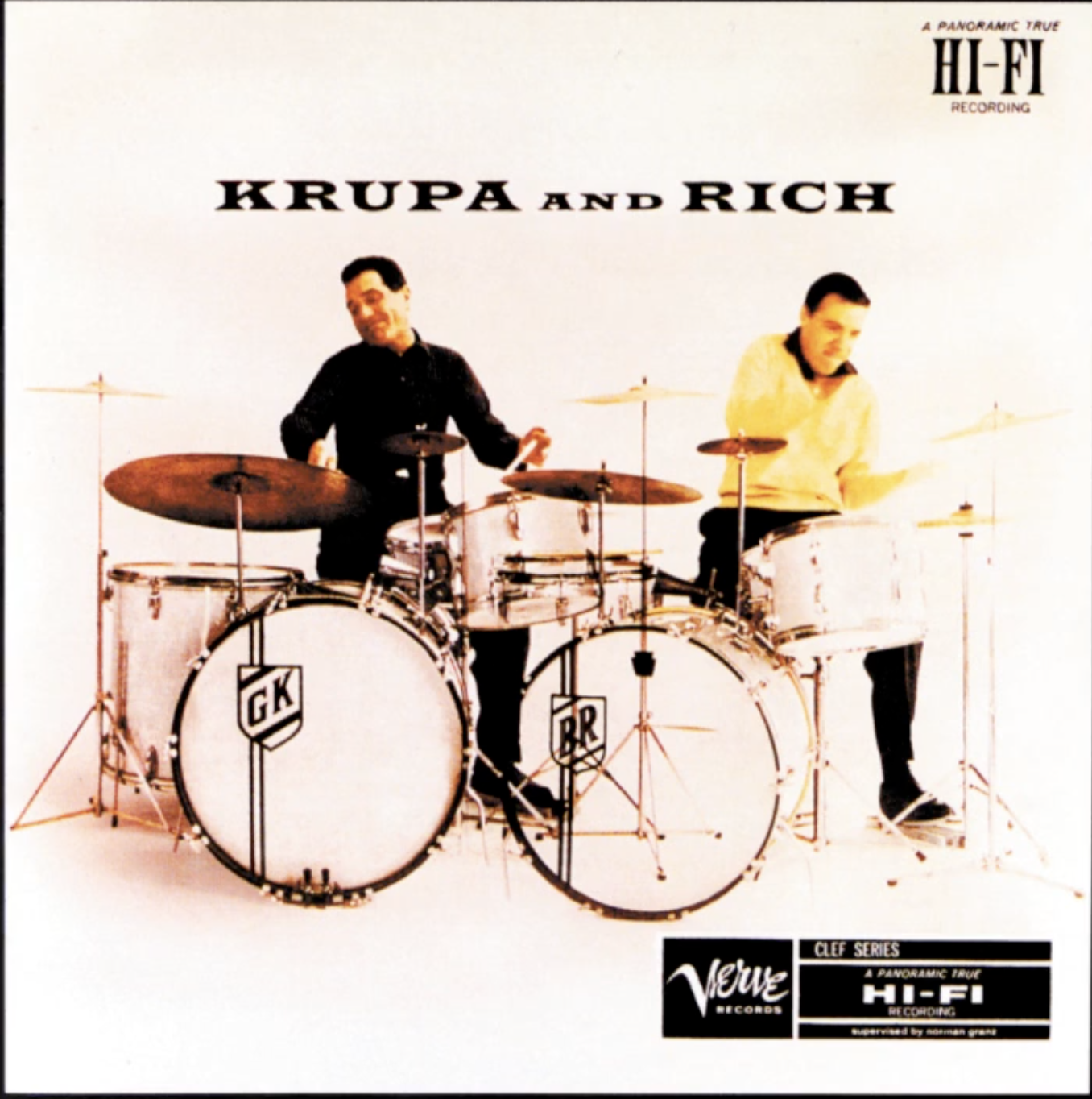 Auto-generated description: Album cover showing two drummers are playing side by side on a stage, with the text Krupa and Rich above them.