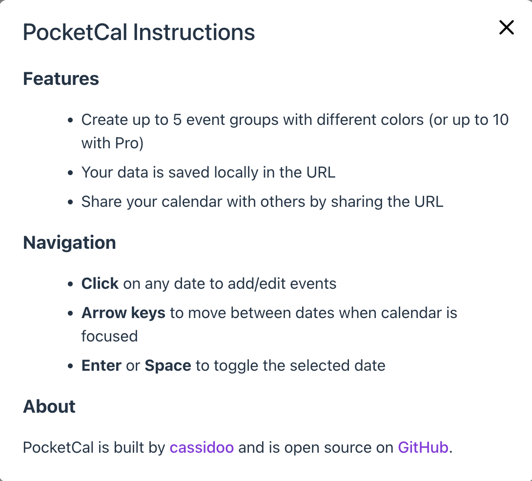 Instructions for using PocketCal, highlighting features like creating event groups, local data saving, and sharing options, along with navigation tips and additional information.