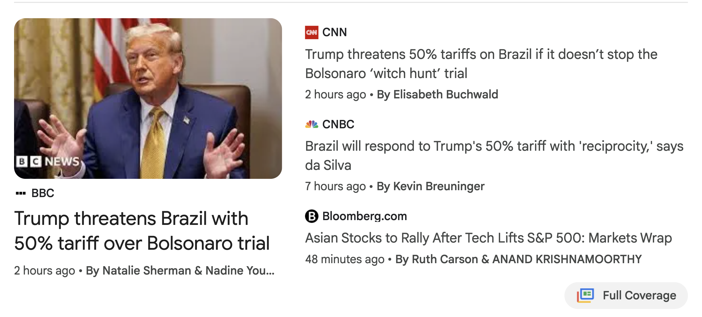 A compilation of news headlines discusses Trump's threat of 50% tariffs on Brazil regarding Bolsonaro's trial.