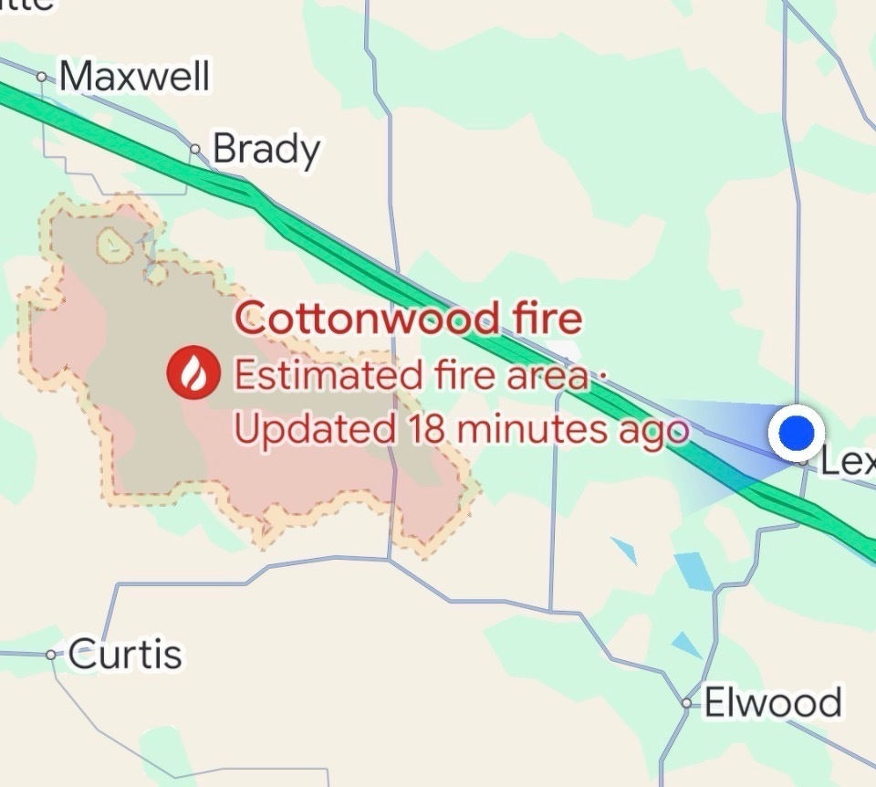 Screenshot of Google Maps showing the cottonwood fire affected area in Nebraska.