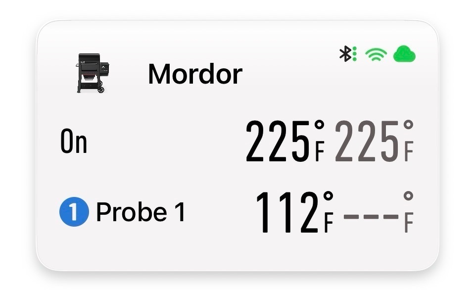 Screenshot of Weber grill app showing the name “Mordor” and current temperature of the grill and meat. 