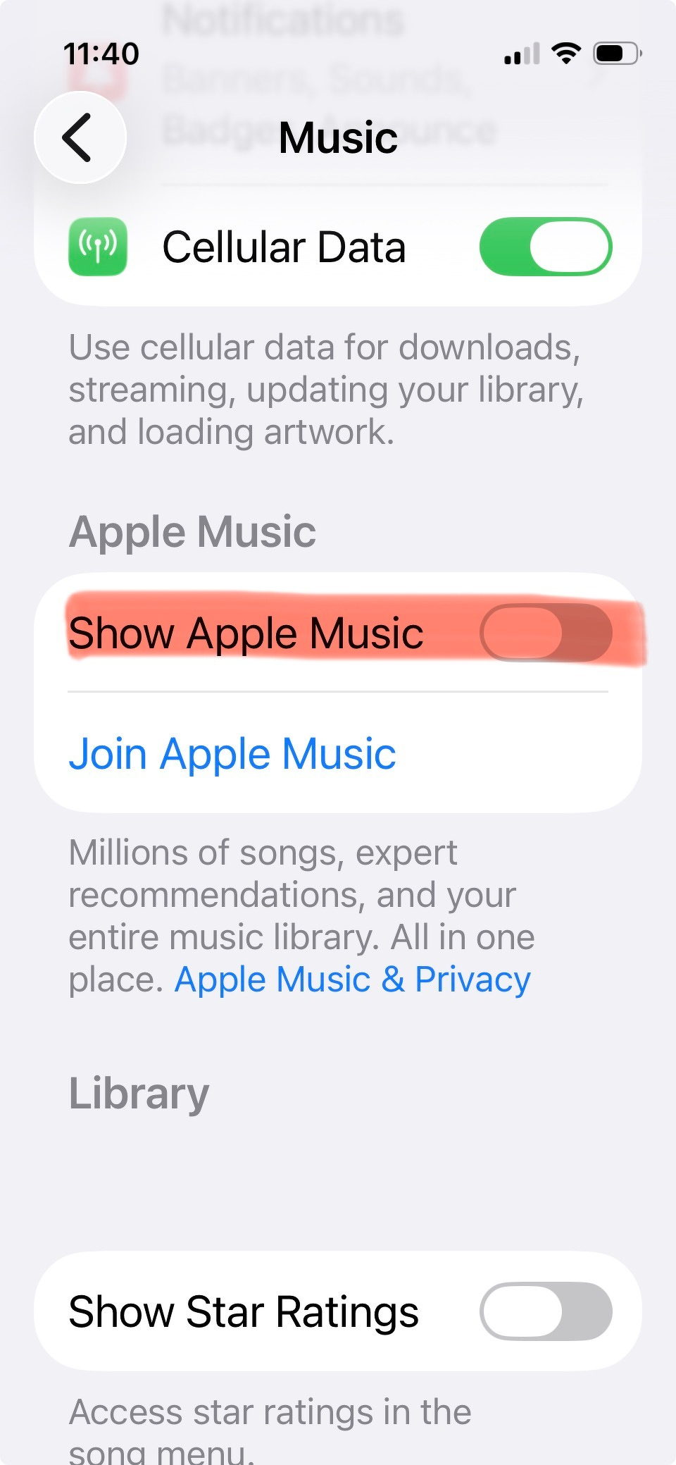 Screenshot of Apple Music settings showing the options to Show Apple Music turned off.