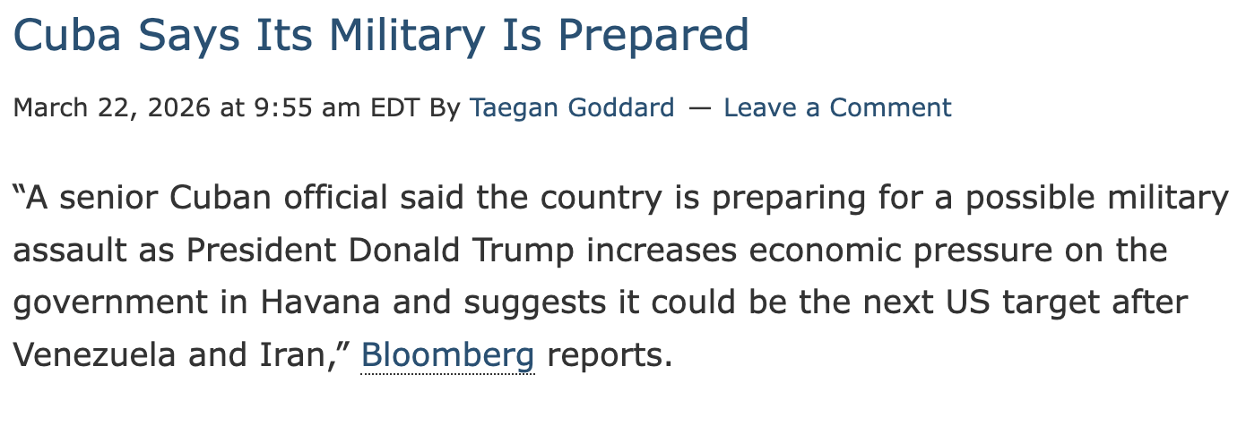 A report discusses a Cuban official's statement about preparing for a possible military assault amid economic pressure from President Donald Trump.