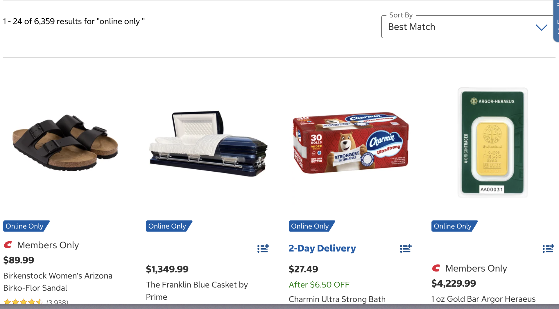 A selection of online-only products including Birkenstock sandals, a Franklin Blue casket, Charmin Ultra Strong bath tissue, and a gold bar, all with their respective prices displayed.